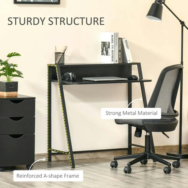 Black desk with reinforced A-frame metal frame and two open tiers