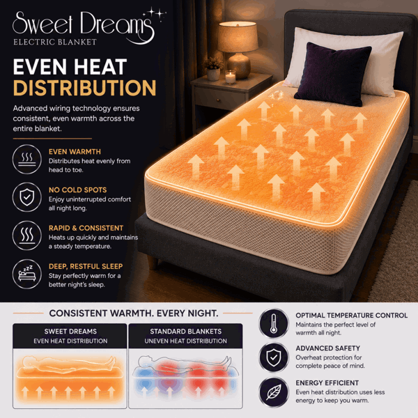 Sweet Dreams Luxury Fleece Electric Blanket Single Size, Machine Washable Underblanket, Digital Control, Overheat Protection