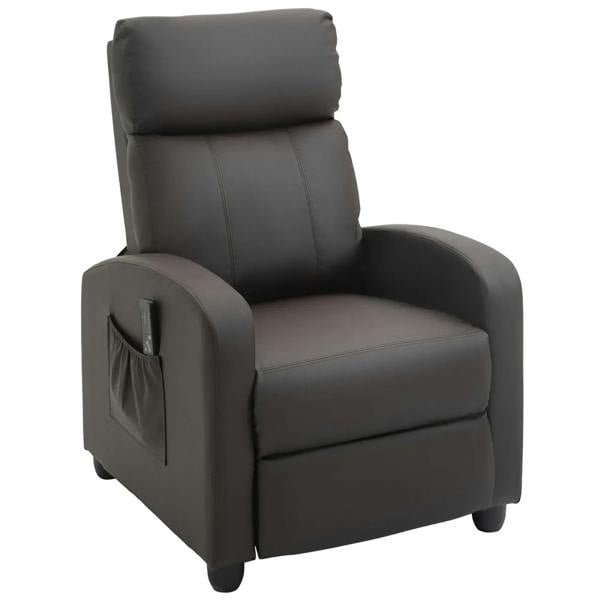 Brown faux leather push-back recliner armchair with padded armrests and side pocket