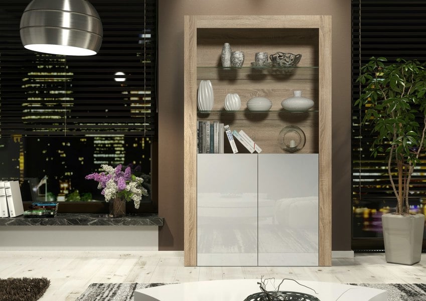 Mex Furniture Tall Display Cabinet 170cm Oak Matt Body and White Gloss Doors – Modern Open Shelving Unit