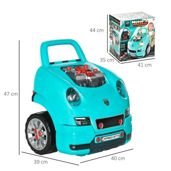 Teal kids ride-on toy car with size diagram and retail box
