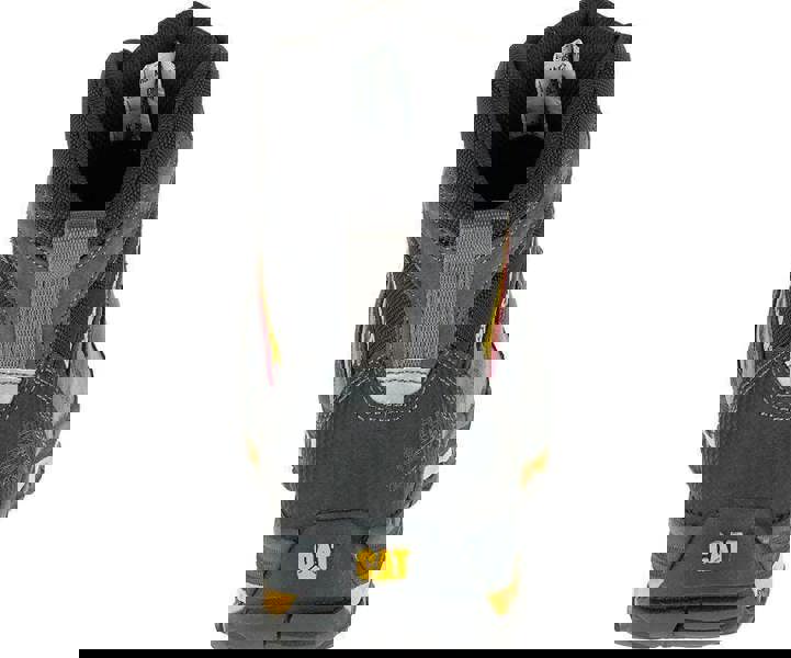 Caterpillar Munising Mens Composite Toe/Midsole S3 Water-Resistant Safety Boots, rear view showing black and grey safety boots with yellow accents and sturdy sole.