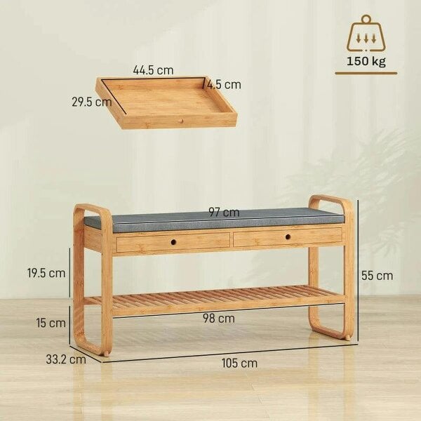 Shoe Bench with 2 Drawers Cushioned Seat Shoe Storage Bench for Hallway 105 cm Natural and Grey
