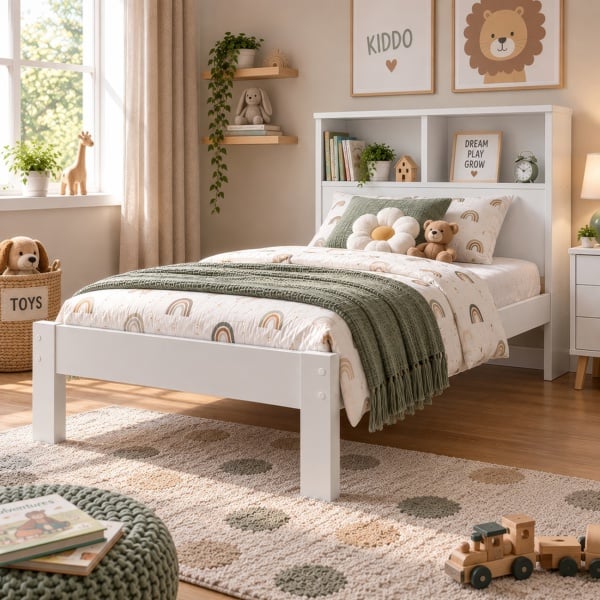 Maserri Easton Wooden Single Bed Frame with Shelf Headboard, White or Grey - White