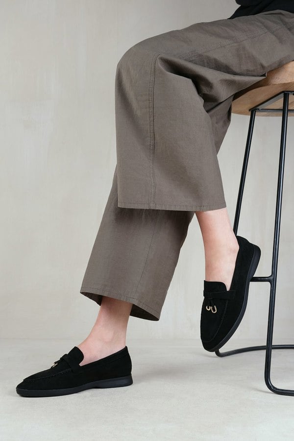 Where's That From Pegasus Wide Fit Slip On Trim Loafers With Accessory Detailing In Black Suede