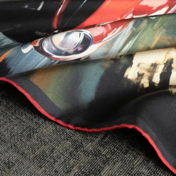 Otway & Orford 'Redlining Rush' sports car silk pocket square in red & grey (42 x 42cm)