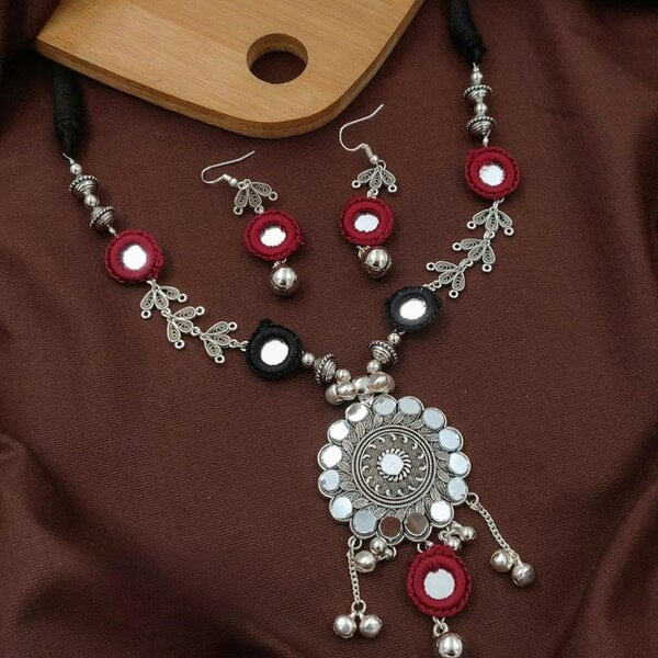 The Colourful Aura Silver Oxidized Mirror Pendant Necklace Set with Red Detailing