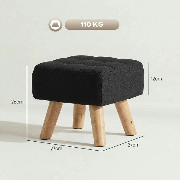 Linen-Look Square Padded Footstool - Black