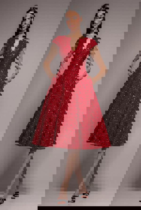 Bead Embellished Jacquard A Line Midi Dress - Red DR4795