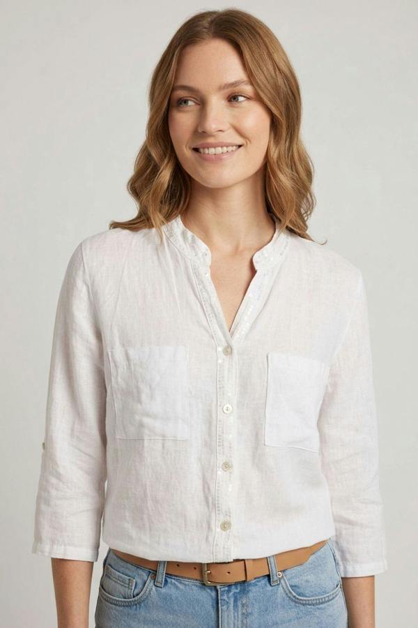 White | Sequin Trim 3/4 Sleeve Relaxed Shirt