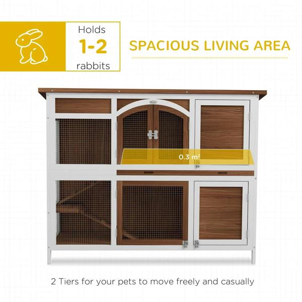 Two-tier wooden pet hutch with openable roof panel and wire-mesh enclosures