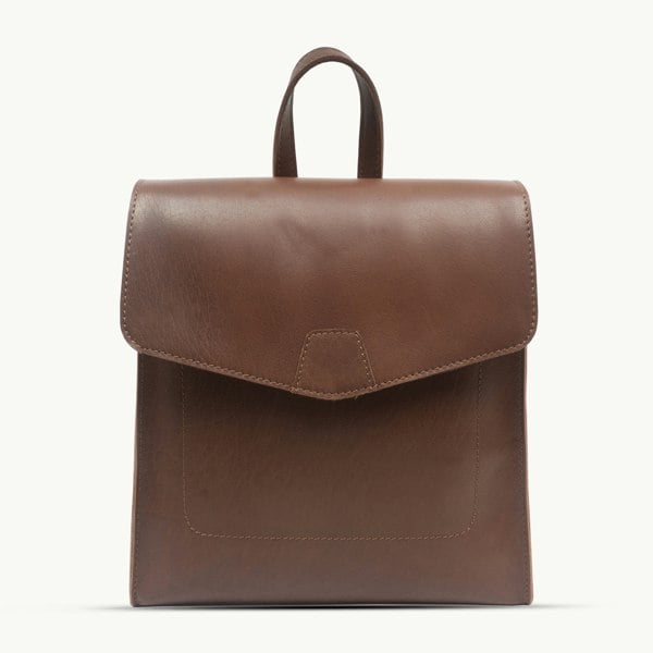 Assots London 'MARGARET' Tan Natural Grain Polished Leather Flap Over Backpack