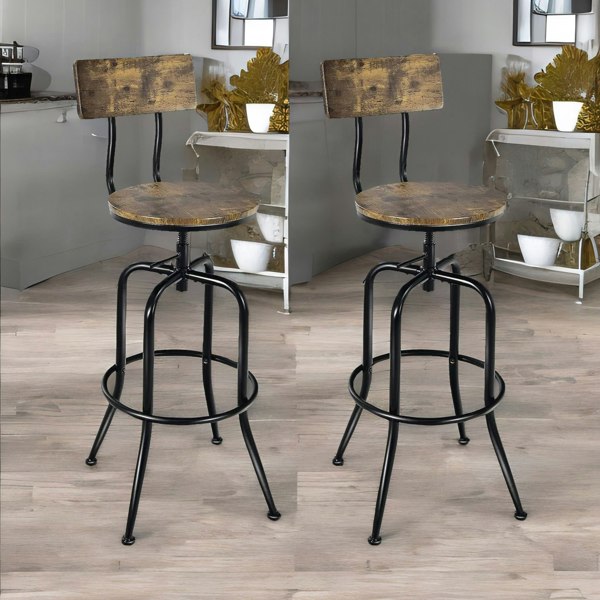 Rafaelo Mobilia Set Of 2 Industrial Rustic Brown Bar Stools With Back & Footrest