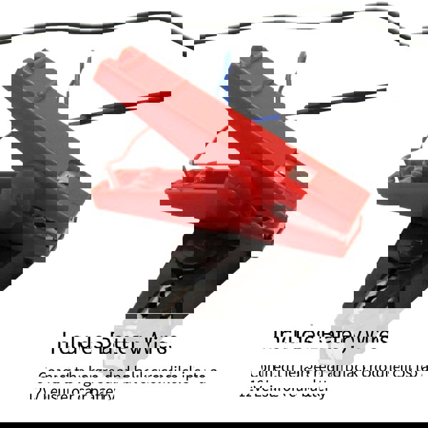 Red and black crocodile clips for connecting T-Mech Electric Fence Energiser to a 12V leisure or car battery, showcasing durable materials