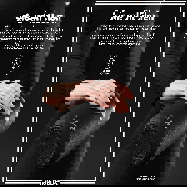 A person holds a black travel flask with a soft base for silent placement. Text: "Safe and Silent The soft pad on the base ensures safe, silent placement on any surface, making it perfect for home, office, or on-the-go use Travel Flask"