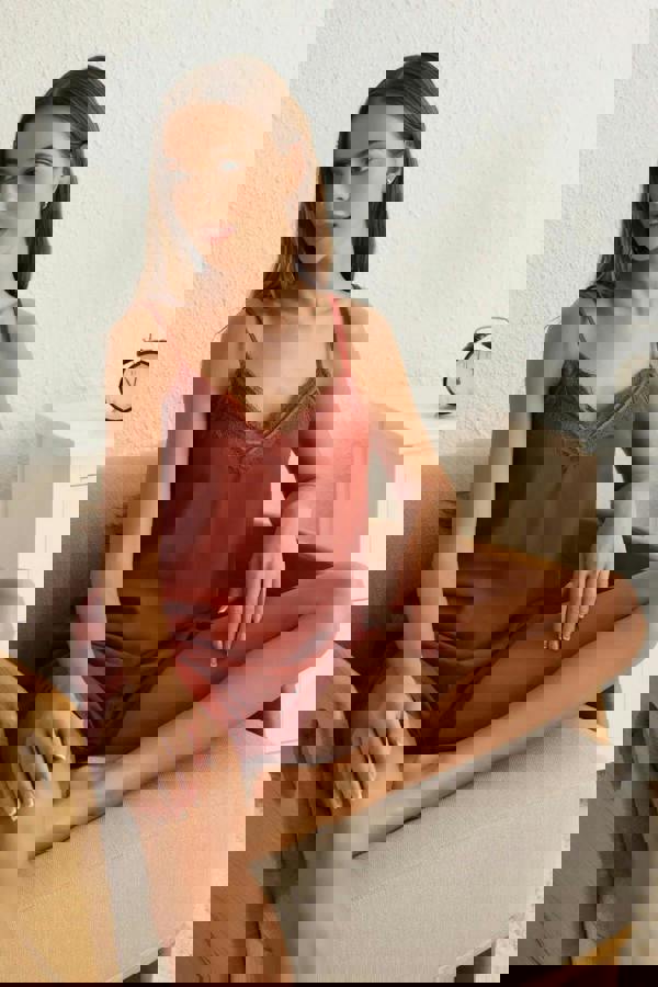 WOVCOR 2-Piece Lace-Trimmed Strappy Viscose Woven Pajama Set with Short