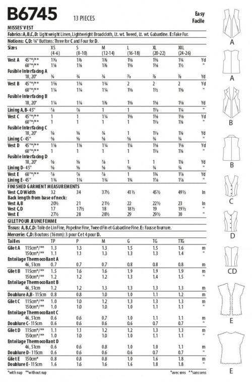 Butterick Sewing Pattern 6745, Waistcoats for Women, Y (XS-S-M) - Easy