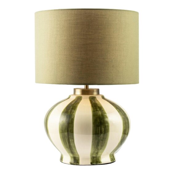 Happy Homewares Hand Brushed Olive Green Striped Ceramic Table Lamp with Fabric Shade