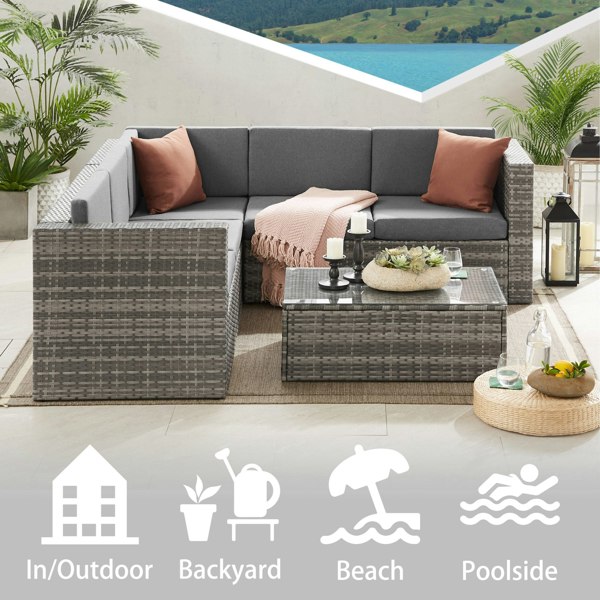 Outdoor Living The Tatton Grey Rattan Garden Furniture 6 Seat Corner Sofa and Coffee Table Patio Set