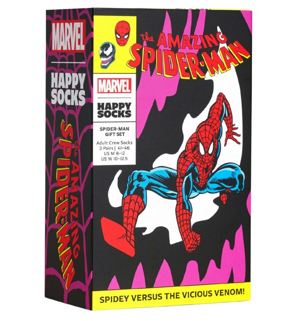 Happy Socks 3-Pack Marvel Spiderman Socks Gift Box, Red/Yellow/Navy