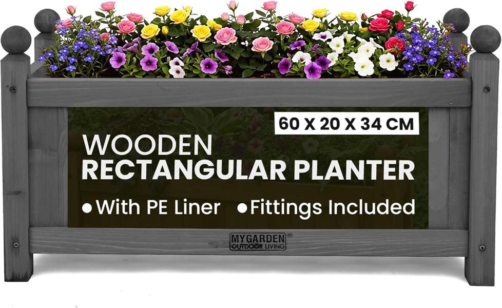 My Garden Outdoor Living Wooden Rectangular Trough Planter-PE Liner-60x20x34 cm Weather Resistant Wooden Planter Box for Patios, Gardens & Decking