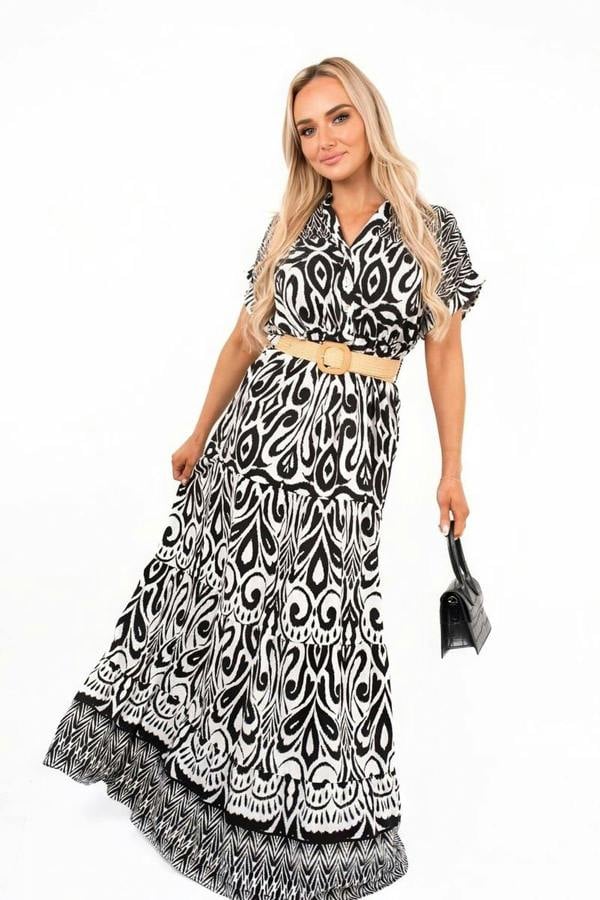 Amelina Button Down Printed Maxi Shirt Dress With Waist Detail - Black