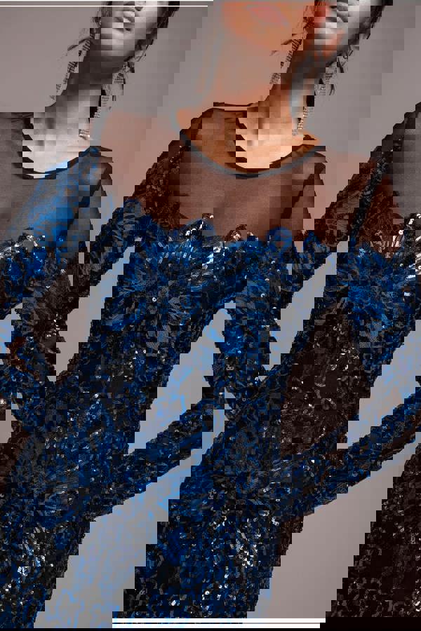 Floral Sequin Mesh Maxi - Navy DR4041