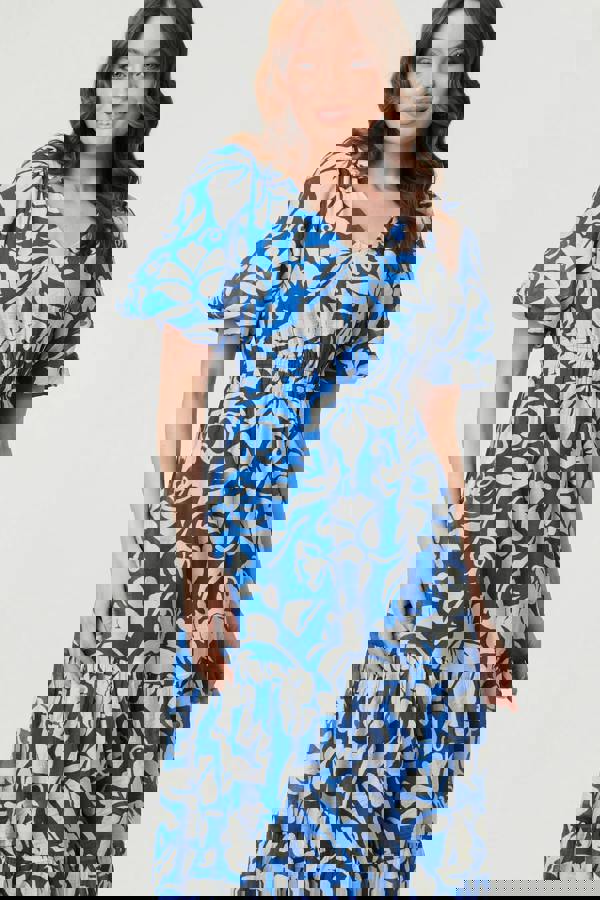 Blue | Floral Puff Sleeve Tiered Midi Dress