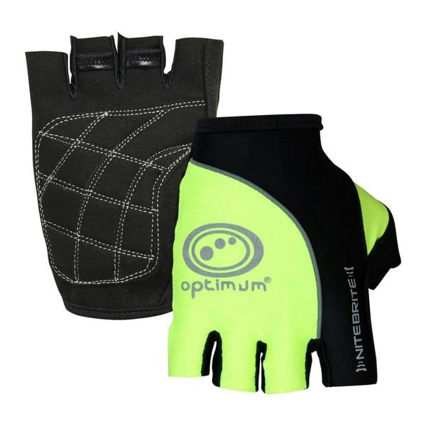 NiteBrite half-finger cycling gloves pair, black quilted palm and fluorescent yellow back, on white - Optimum