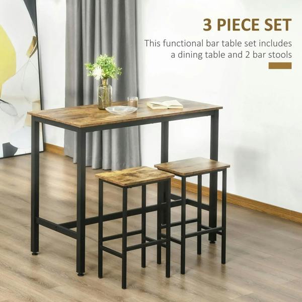 Counter-height bar table set with 2 stools, rustic brown tabletop and black metal frame