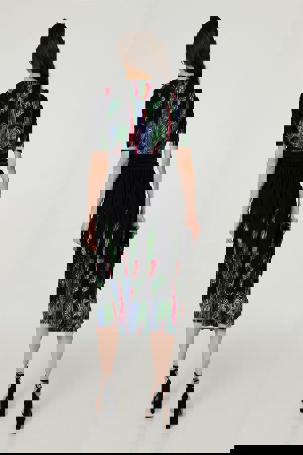 Green | Feather Print Faux Wrap Front Midi Dress