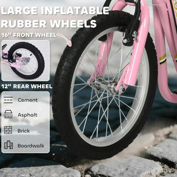Pink kids kick scooter close-up: 16-inch front inflatable rubber wheel and fork