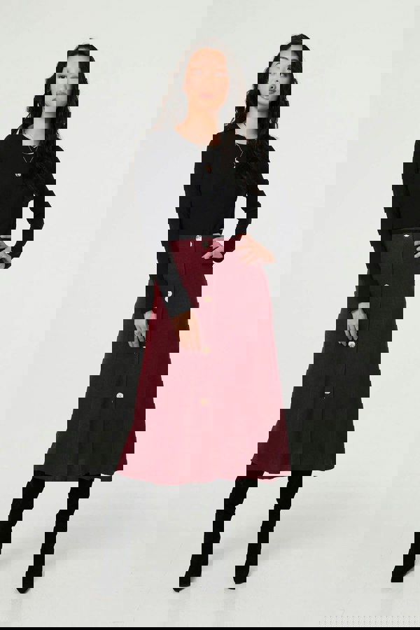 Red | Buttoned High Waist A-Line Midi Skirt
