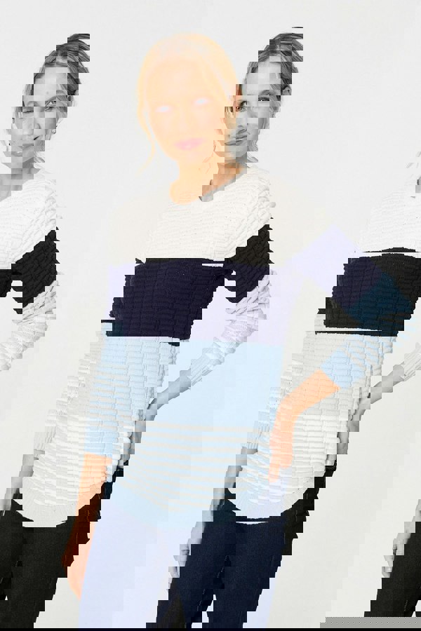 Blue | Colour Block Textured Curve Hem Jumper
