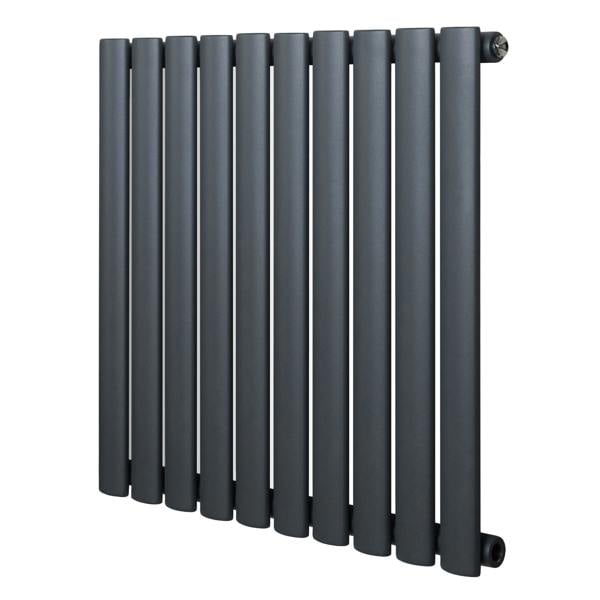 Oval single column radiator in anthracite grey, 600 x 600mm, featuring a sleek, modern design with smooth, matte finish and vertical tubes