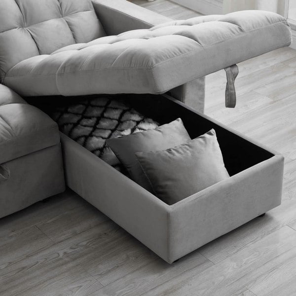 Madrid Velvet 3 Seater Pullout Sofa Bed in Grey with Reversible Storage Chaise