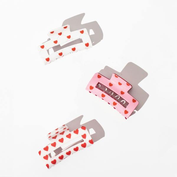 Gold Trip White & Red Patterned Hearts Rectangle Claw Clip