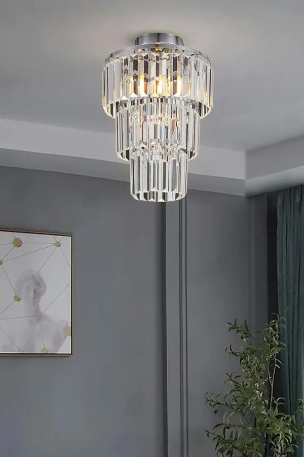 Living and Home Luxury Multi-layer Crystal Flush Mount Chandelier with Chrome Finish