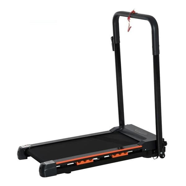 Black folding motorized treadmill base with curved handrails and safety bar.