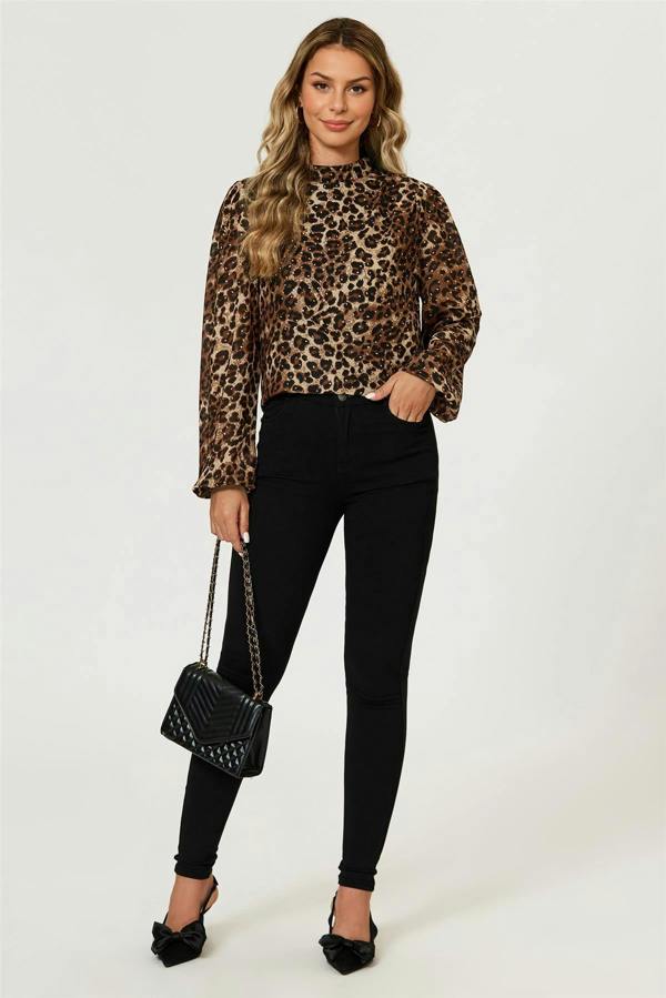 FS Collection Leopard Print Foil Long Sleeve High Neck Top In Brown