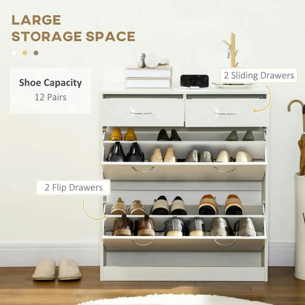 White shoe cabinet with flip drawers open, storing shoes on adjustable shelves