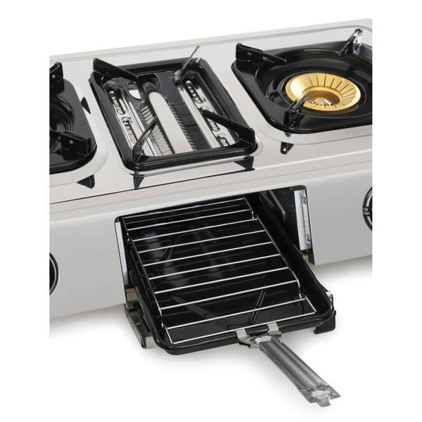 Gas stove with griddle attachment on a white background