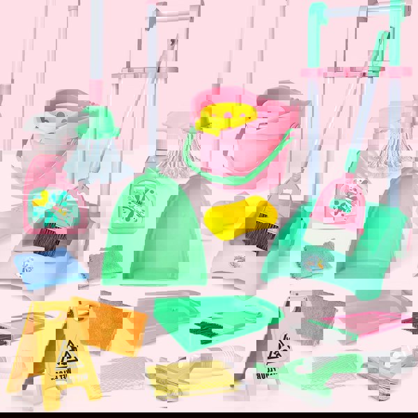 deAO Toys Kids Cleaning Trolley Set Housekeeping Pretend Play Set with Broom, Mop, Brush Dustpan Fun Cleaning Toys for Boys & Girls Aged, Perfect Gift