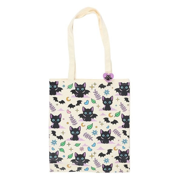 Serano Cute and Creepy Cat Print Polycotton Tote Bag with Enamel Pin
