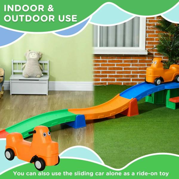Kids ride-on roller coaster set with orange car on multicolored indoor track