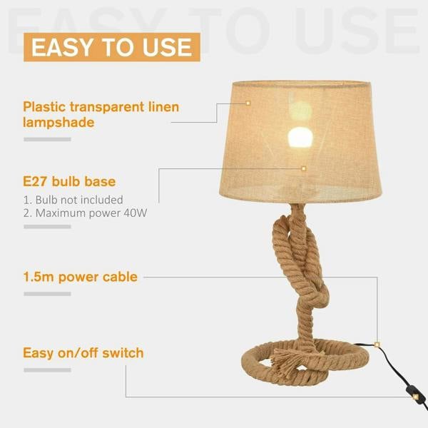 Beige fabric-shade table lamp with twisted rope base, E27 socket, and on/off switch