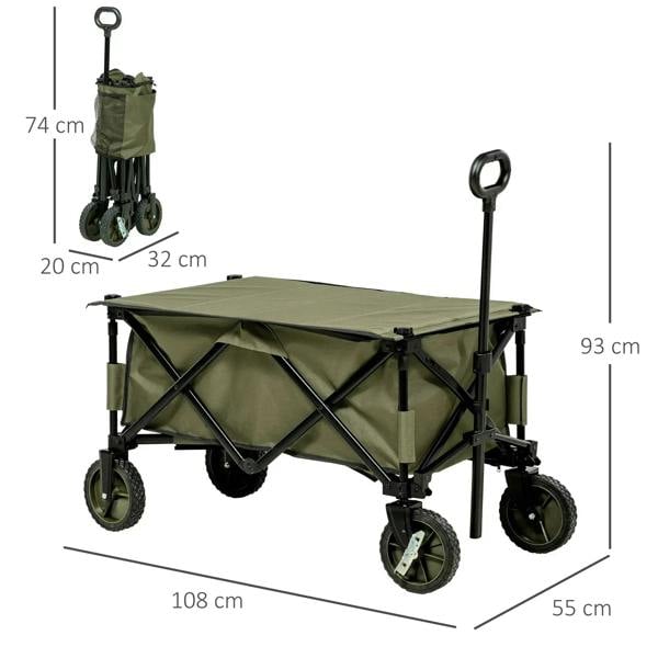 Green folding garden trolley wagon with steel frame, fabric bed, and four caster wheels