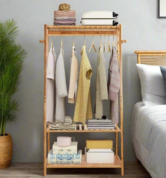 Modcraft Bamboo Clothes Rail Rack with Top Shelf, Shoe Storage, 10 Hooks, and Ladder Rails – 80x43.5x165 cm