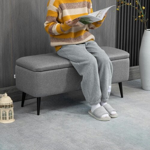 Wyld Haus Kala Fabric Grey Rectangular Storage Ottoman Bench With Flip Top And Steel Legs