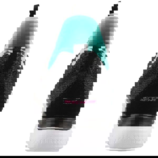 Skechers Summits New Nature Womens Casual Sports Walking Trainers, rear view showing black and grey knit upper, turquoise inner lining, and white sole with pink Skechers logo.